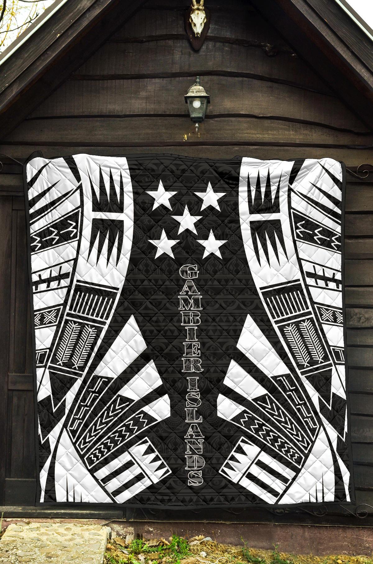 Gambier Islands Premium Quilt - Gambier Islands Flag Polynesian White Tattoo (Black) - Polynesian Pride