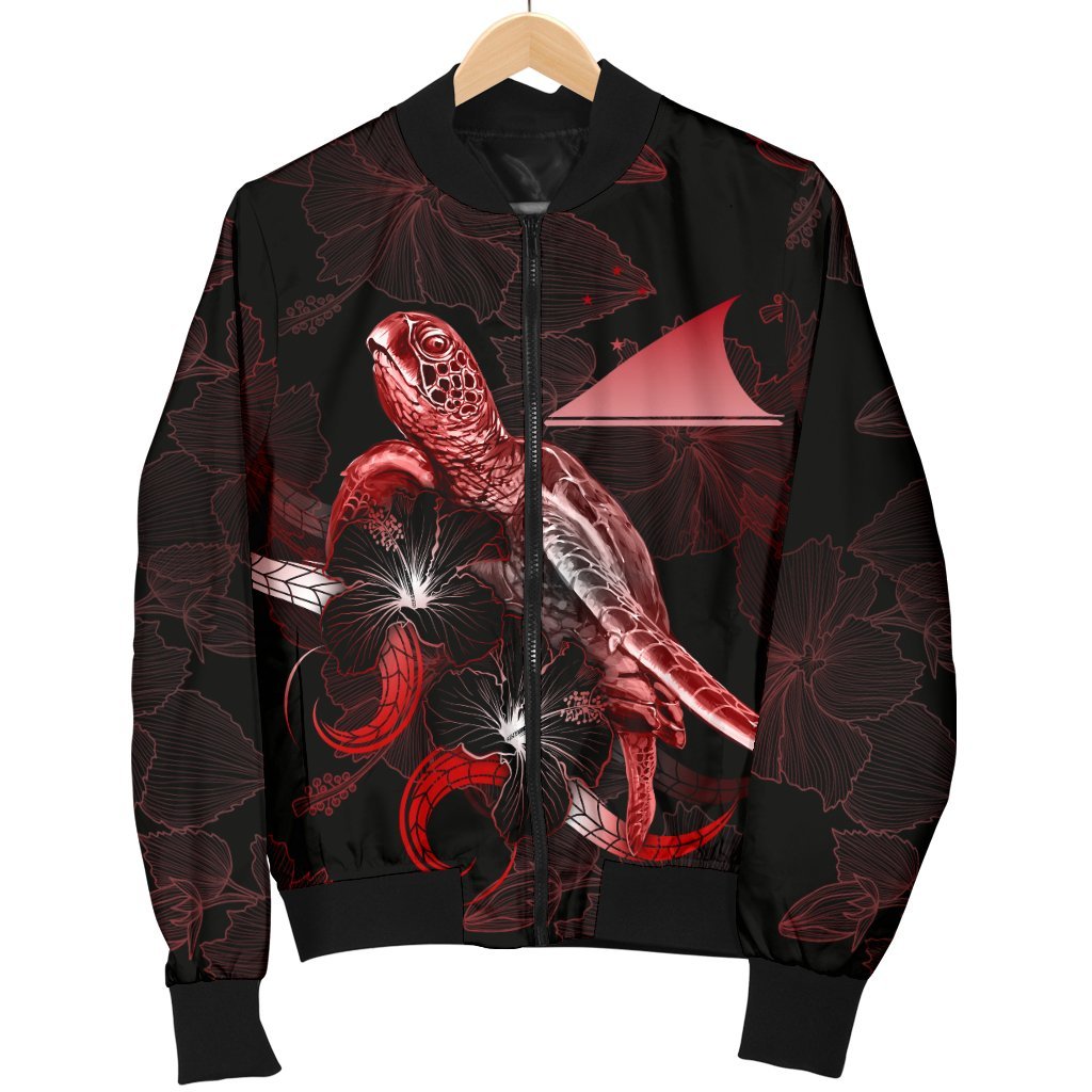 Tokelau Polynesian Men's Bomber Jacket - Turtle With Blooming Hibiscus Red - Polynesian Pride