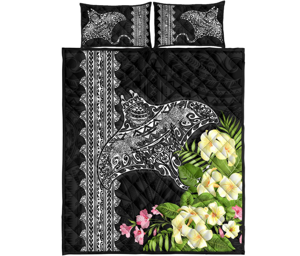 Hawaii Quilt Bed Set - Mantaray With Hibiscus Flowers - Polynesian Pride