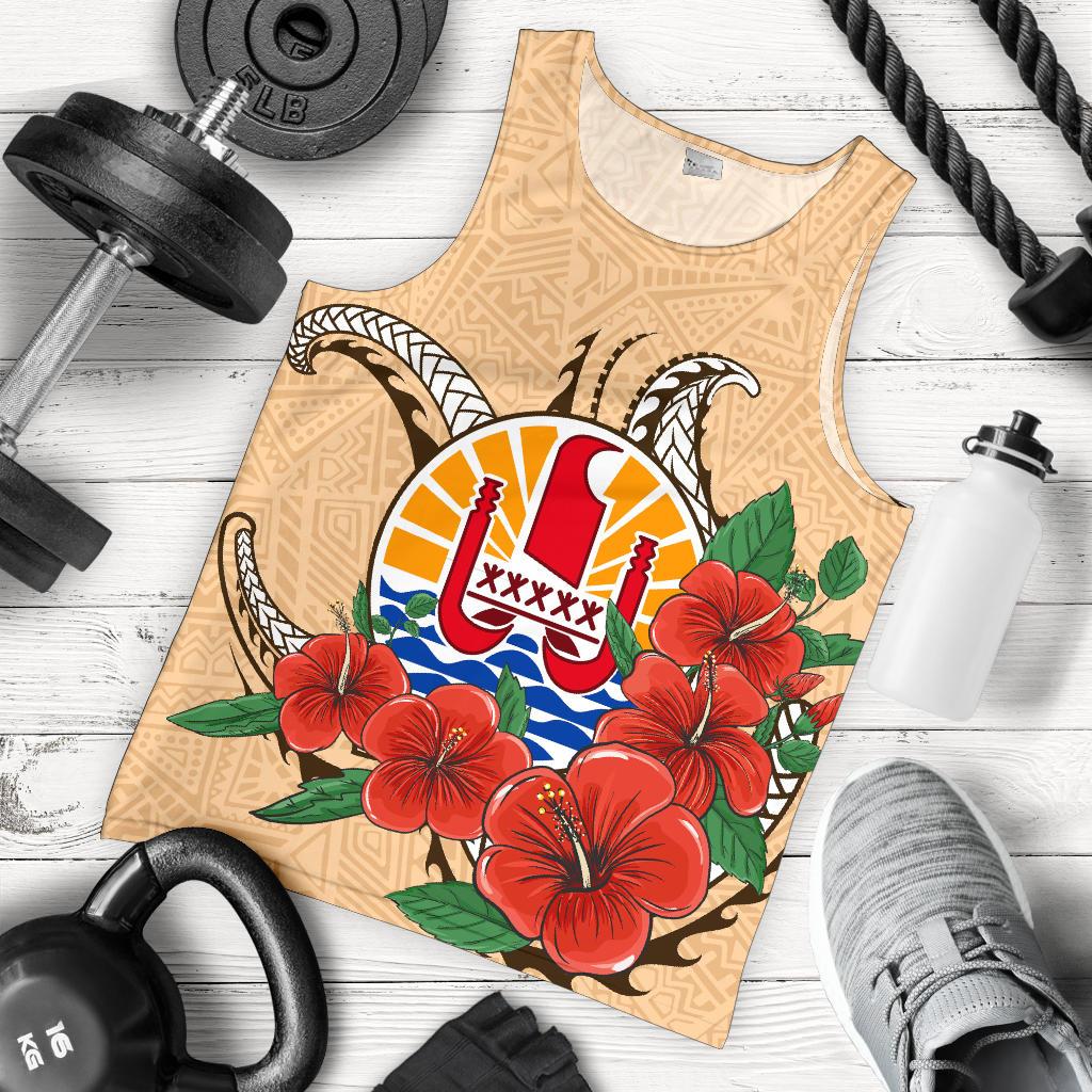 Tahiti Polynesian Men Tank Top - Hibiscus Coat of Arm Beige BEIGE - Polynesian Pride