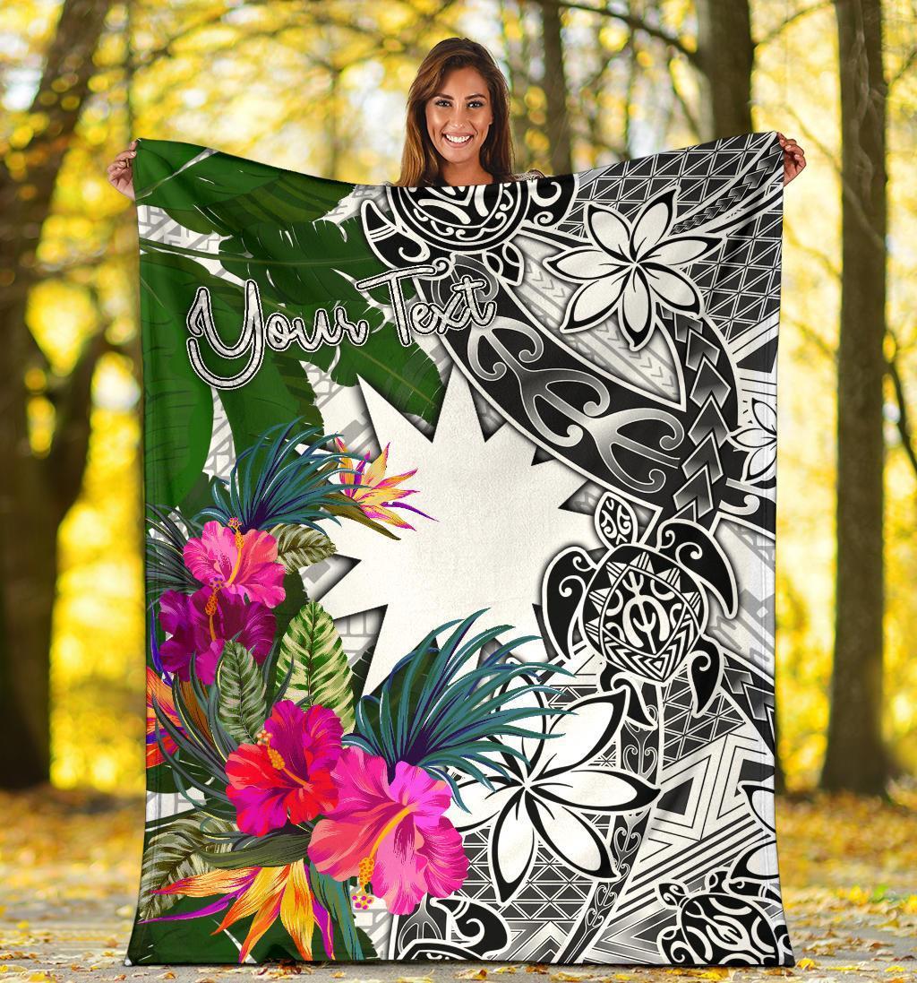 Nauru Custom Personalised Premium Blanket White - Turtle Plumeria Banana Leaf - Polynesian Pride