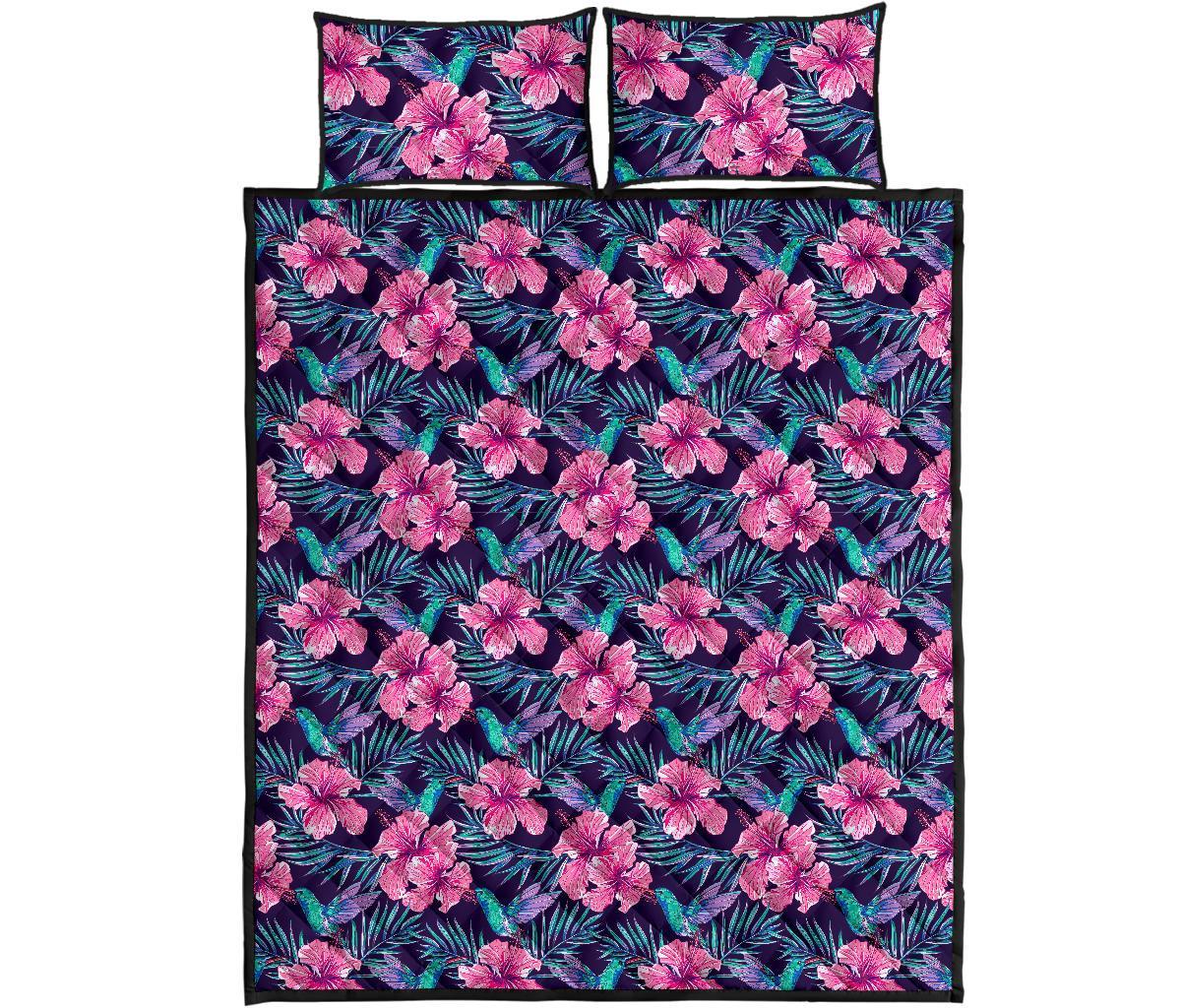 Hawaii Quilt Bed Set Tropical Flowers With Hummingbirds Palm Leaves AH - Polynesian Pride