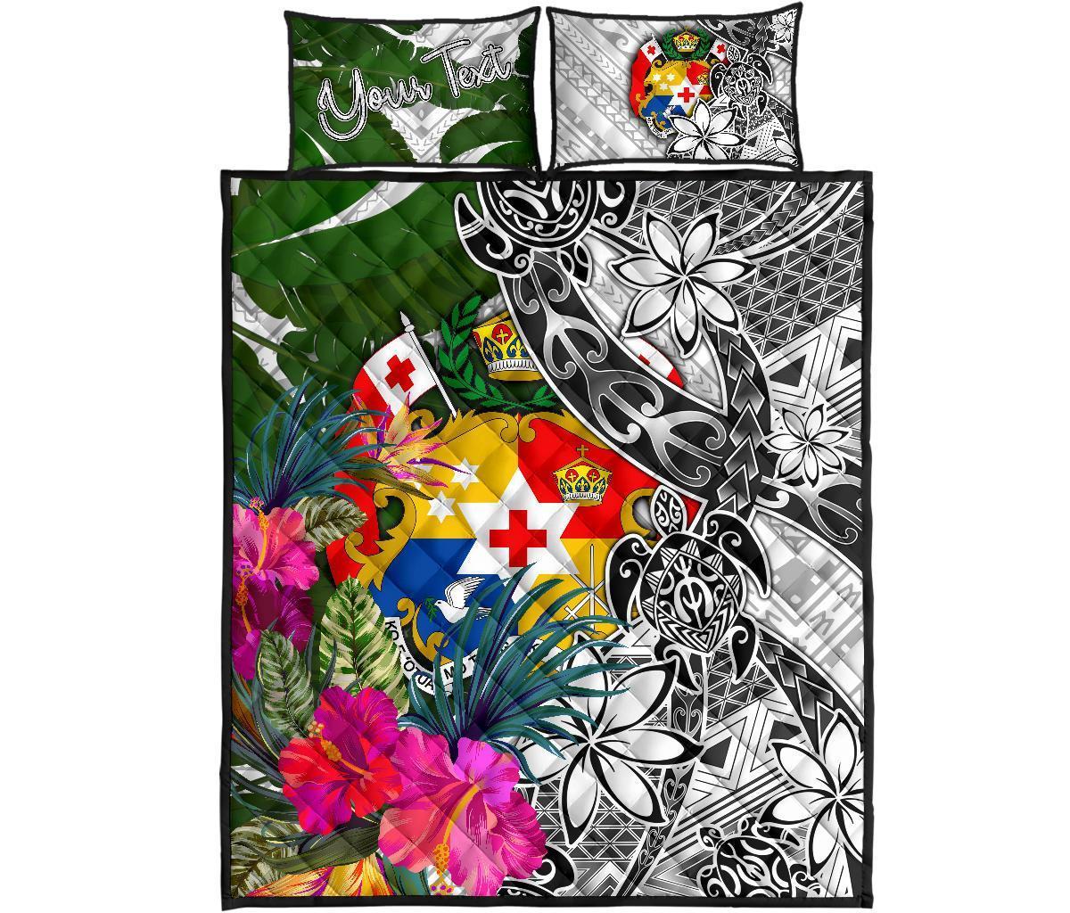 Tonga Custom Personalised Quilt Bet Set White - Turtle Plumeria Banana Leaf - Polynesian Pride