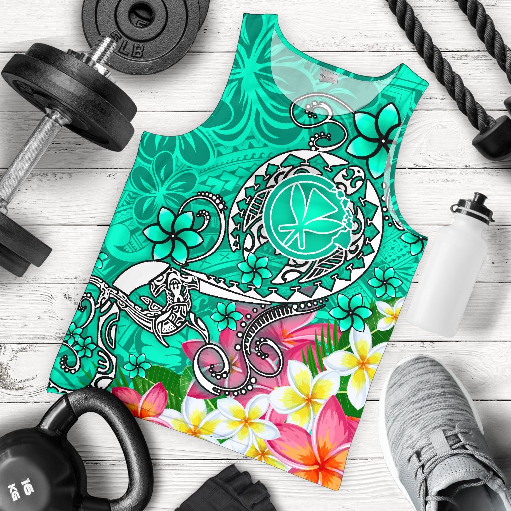 Hawaii Men's Tank Top - Turtle Plumeria Polynesian Tattoo Turquoise Color Turquoise - Polynesian Pride