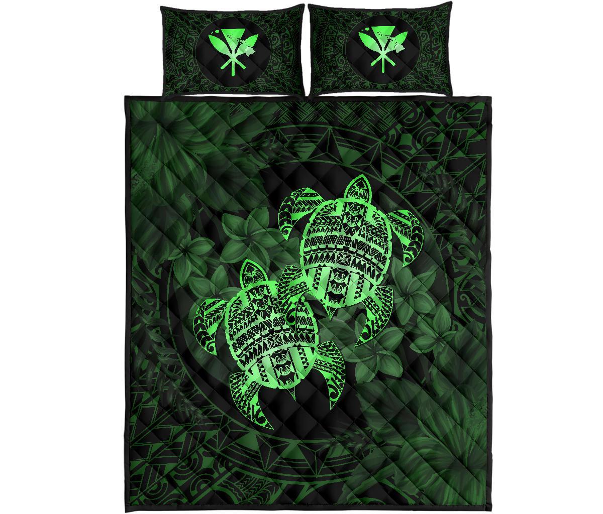 Hawaii Quilt Bed Set - Turtle Strong Pattern Hibiscus Plumeria Green AH - Polynesian Pride