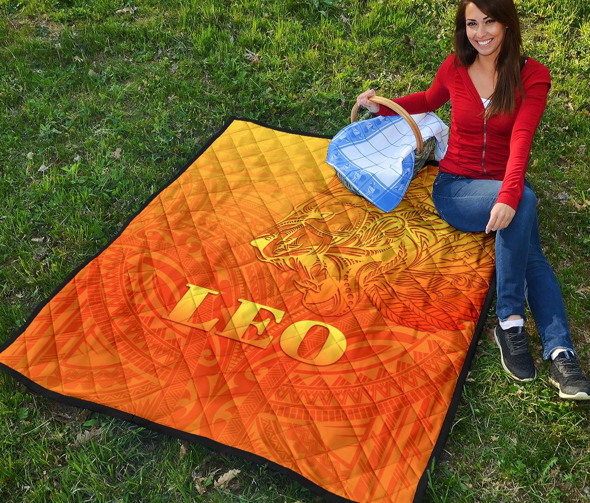 Sun In Leo Zodiac Premium Quilt Polynesian Tattoo Simple - Orange - Polynesian Pride