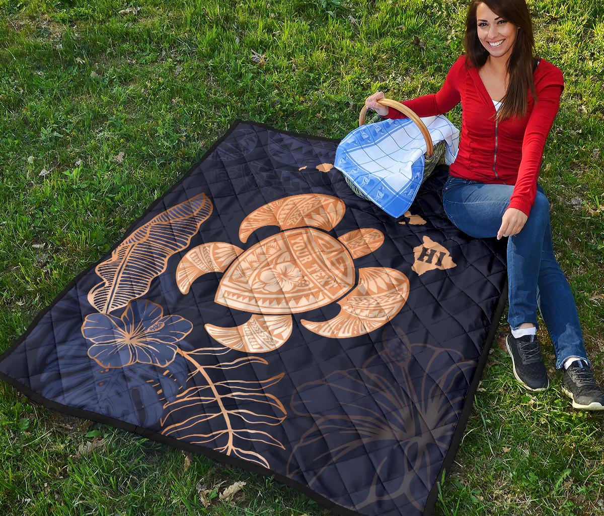 Personalized - Hawaii Kakau Polynesian Turtle Map Premium Quilt - Indigo - Polynesian Pride