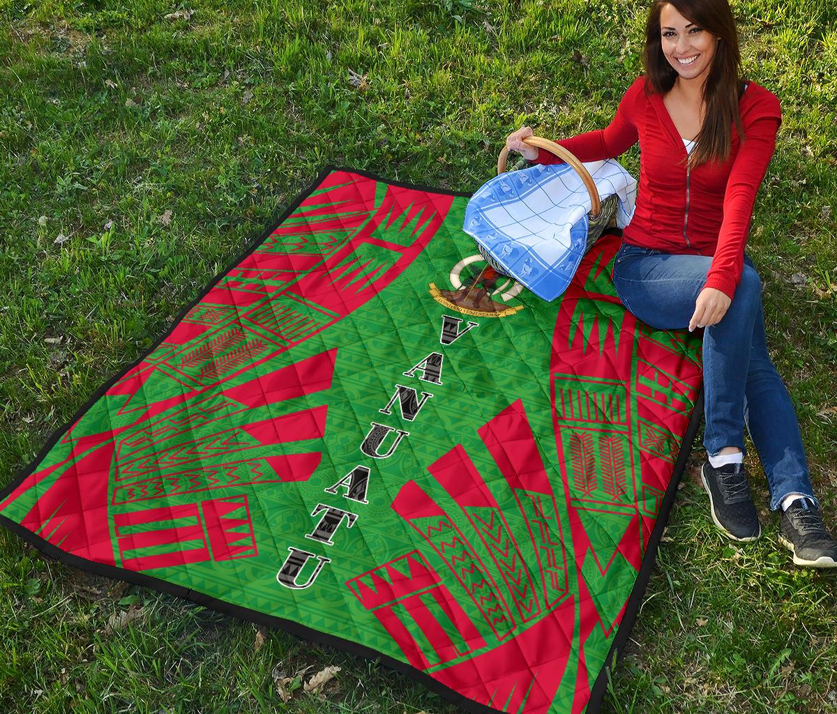 Vanuatu Premium Quilt - Vanuatu Coat Of Arms Polynesian Red Tattoo (Green) - Polynesian Pride