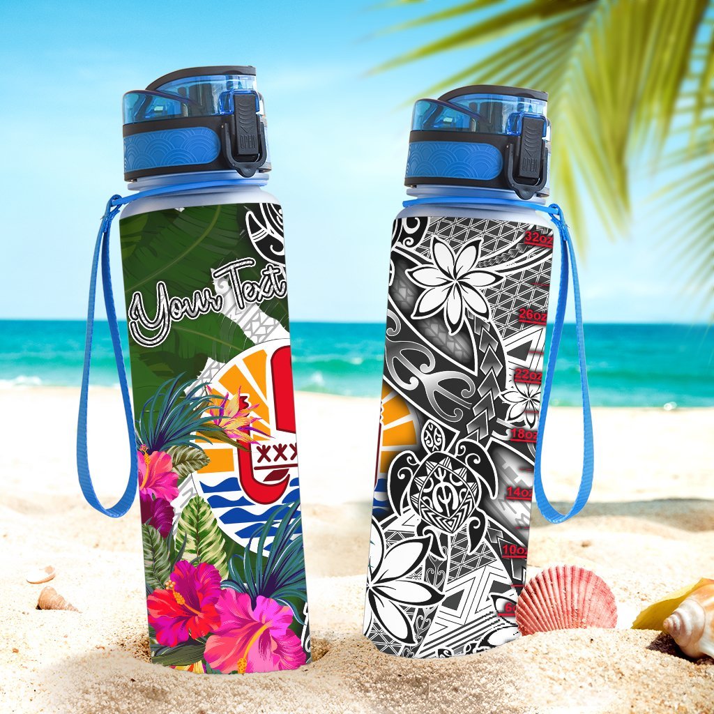 Tahiti Custom Personalised Hydro Tracking Bottle White - Turtle Plumeria Banana Leaf - Polynesian Pride