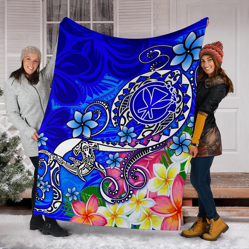 Hawaii Premium Blanket - Turtle Plumeria Polynesian Tattoo Blue Color - Polynesian Pride