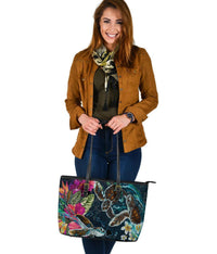 Hawaii Map Turtle Swimming Hibiscus Plumeria Moana Large Leather Tote Bag - Polynesian Pride