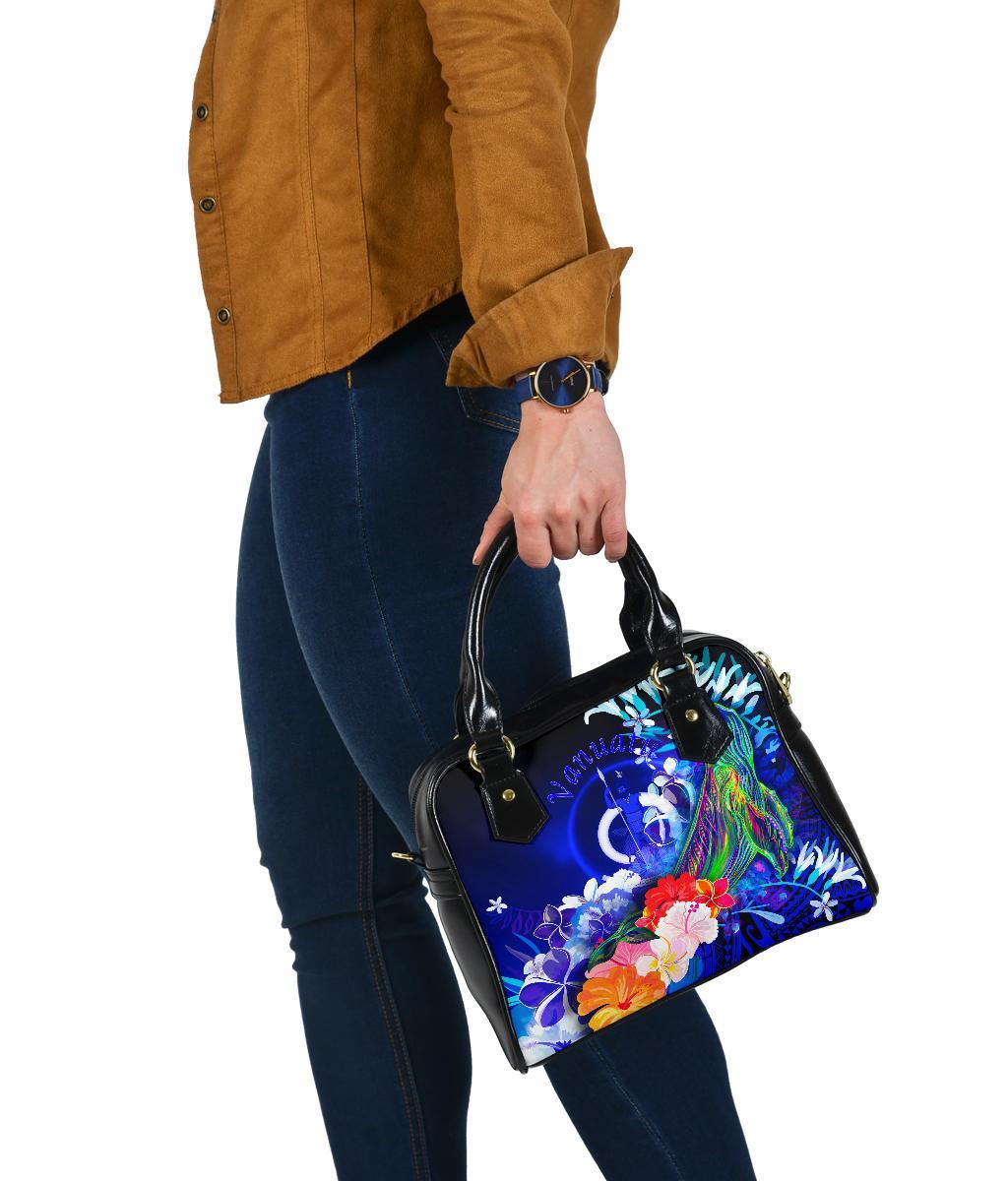 Vanuatu Shoulder Handbag - Humpback Whale with Tropical Flowers (Blue) - Polynesian Pride