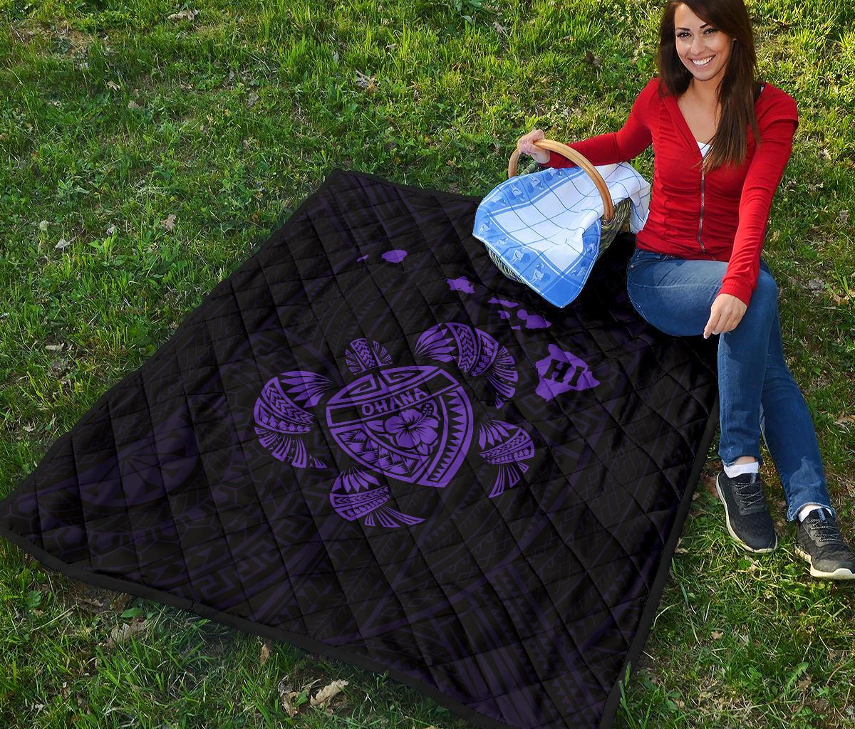 Hawaii Turtle Hibicus Map Premium Quilt - Purple - Polynesian Pride