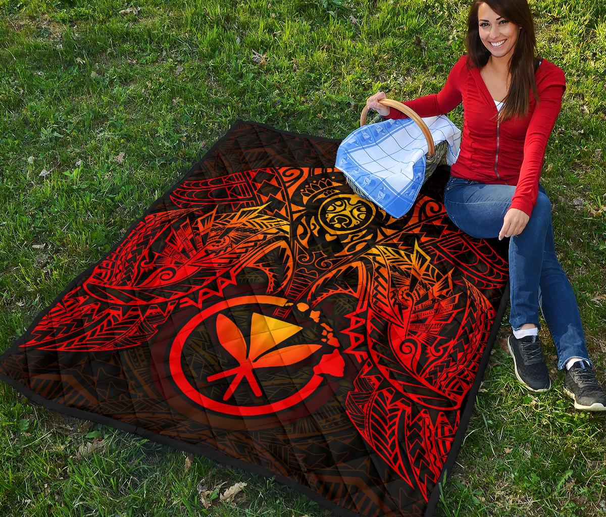 Hawaii Polynesian Premium Quilt - Red Kanaka Maoli Turtle Manta Ray - Polynesian Pride