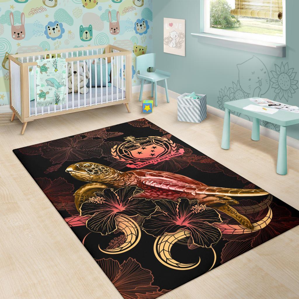 Samoa Polynesian Area Rugs - Turtle With Blooming Hibiscus Gold - Polynesian Pride