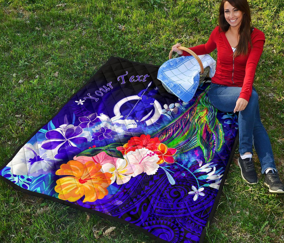Vanuatu Custom Personalised Premium Quilt - Humpback Whale with Tropical Flowers (Blue) - Polynesian Pride