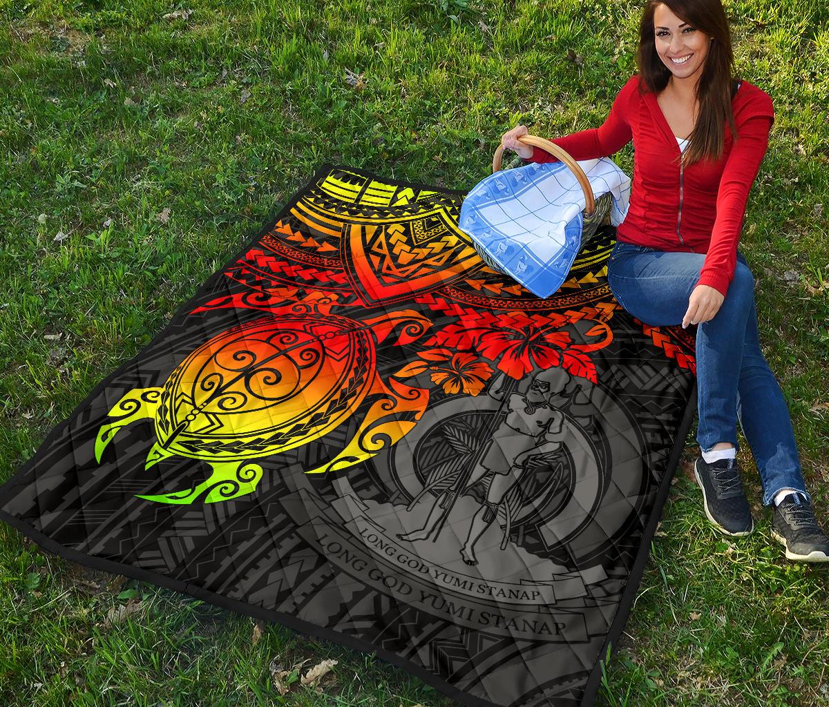 Vanuatu Polynesian Premium Quilt - Vanuatu Coat Of Arms & Reggae Turtle Hibiscus - Polynesian Pride