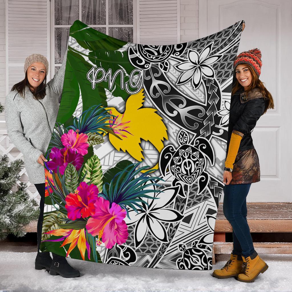 Papua New Guinea Premium Blanket White - Turtle Plumeria Banana Leaf White - Polynesian Pride