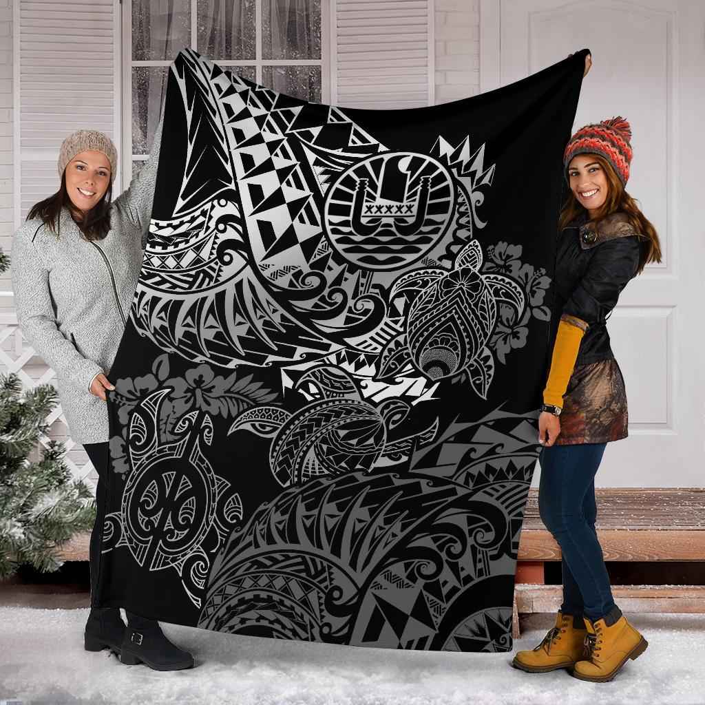 Tahiti Polynesian Premium Blanket - White Turtle Hibiscus Flowing - Polynesian Pride