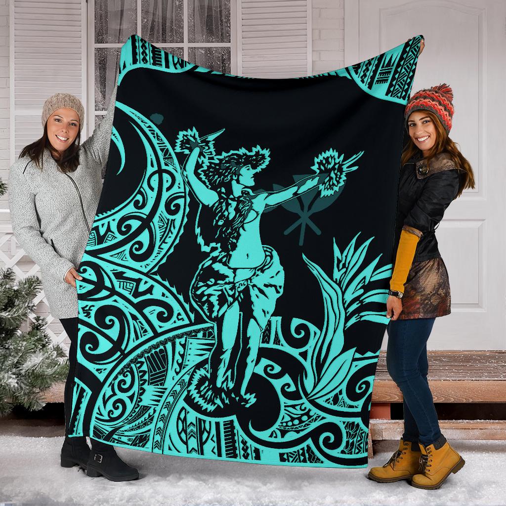 Polynesian Hawaii Premium Blanket - Hula Girl Neon Blue - Polynesian Pride