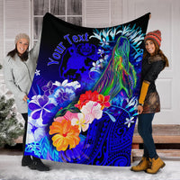 Tonga Custom Personalised Premium Blanket - Humpback Whale with Tropical Flowers (Blue) - Polynesian Pride