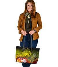 Samoa Leather Tote Bag - Humpback Whale with Tropical Flowers (Yellow) - Polynesian Pride