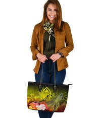 Guam Custom Personalised Leather Tote Bags - Humpback Whale with Tropical Flowers (Yellow) - Polynesian Pride