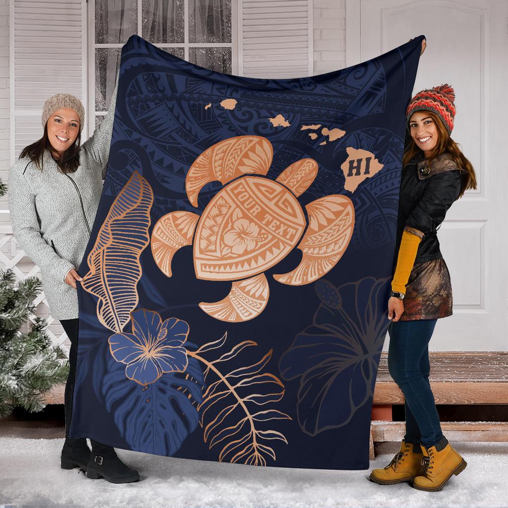 Personalized - Hawaii Kakau Polynesian Turtle Map Premium Blanket - Indigo - Polynesian Pride