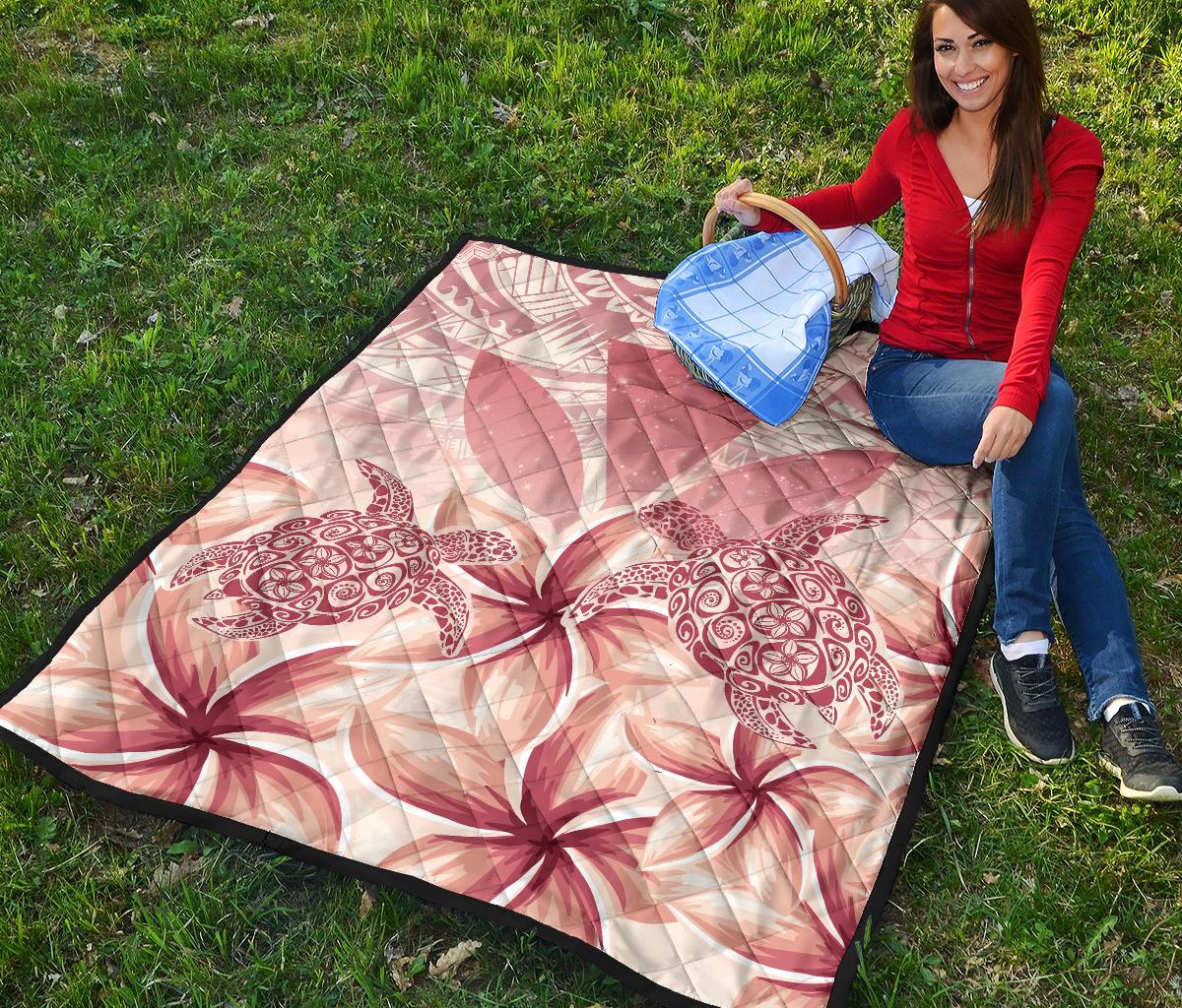 Hawaii Turtle Kanaka Plumeria Polynesian Pink Premium Quilt - Polynesian Pride