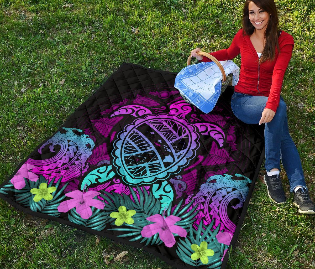 Hawaii Turtle Polynesian Turquoise Premium Quilt - Kuly Style - Polynesian Pride
