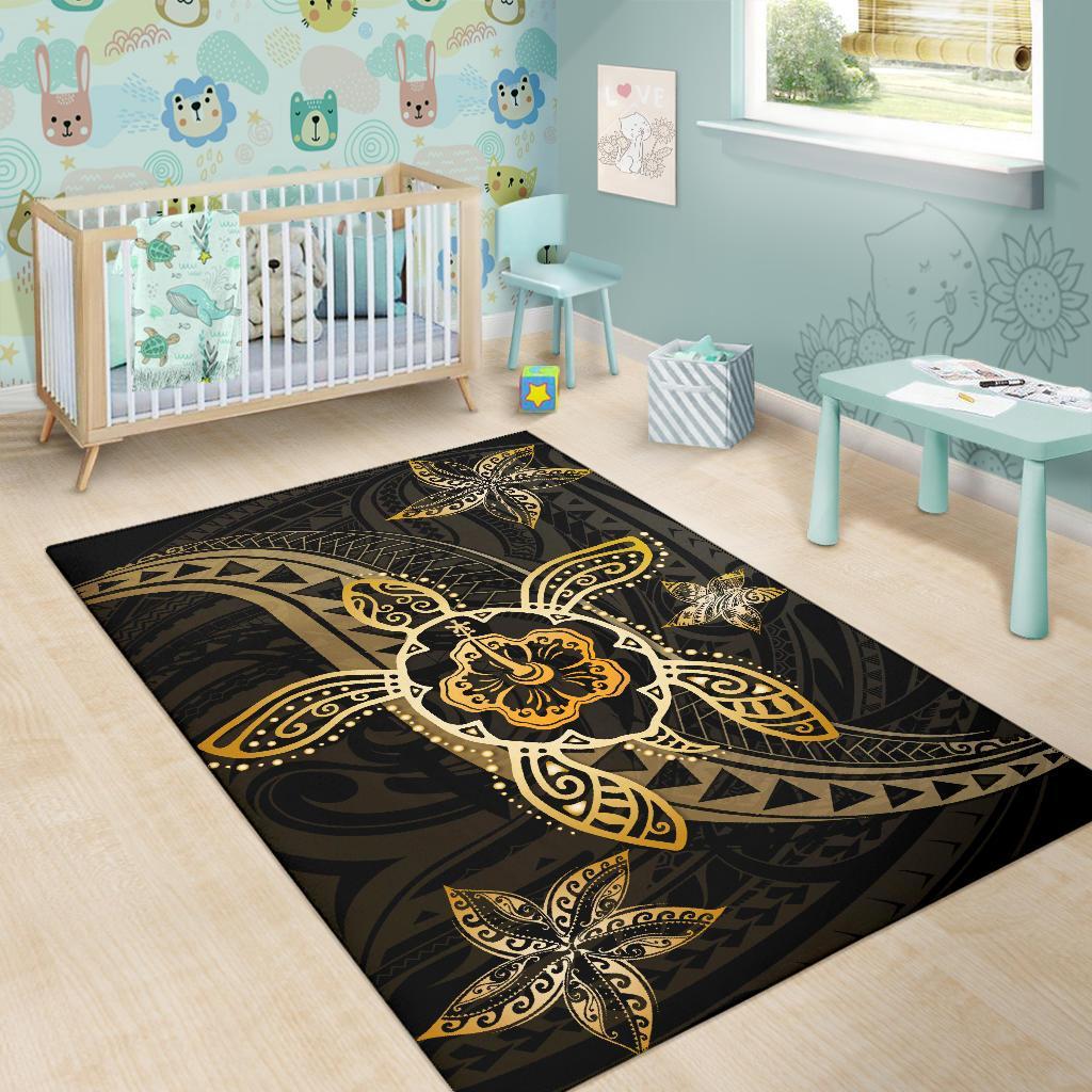 Kanaka Map Hibiscus Plumeria Turtle Art Polynesian Area Rug Gold AH - Polynesian Pride