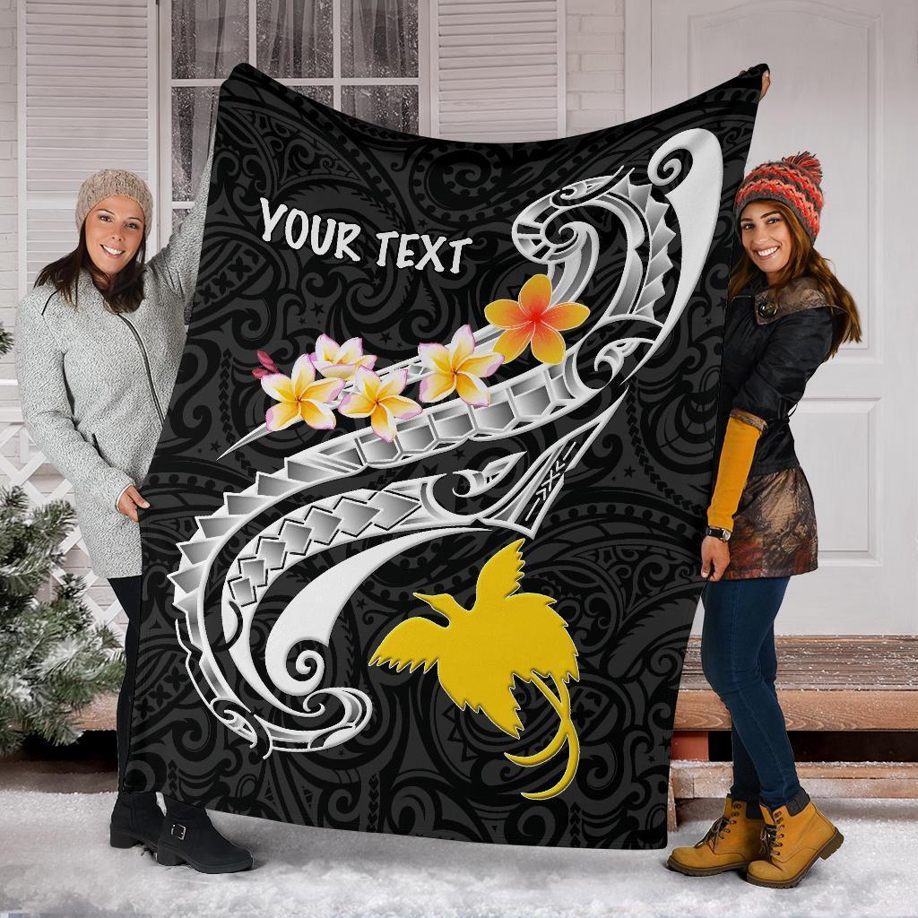 Papua New Guinea Custom Personalised Premium Blanket - PNG Seal Polynesian Patterns Plumeria (Black) - Polynesian Pride