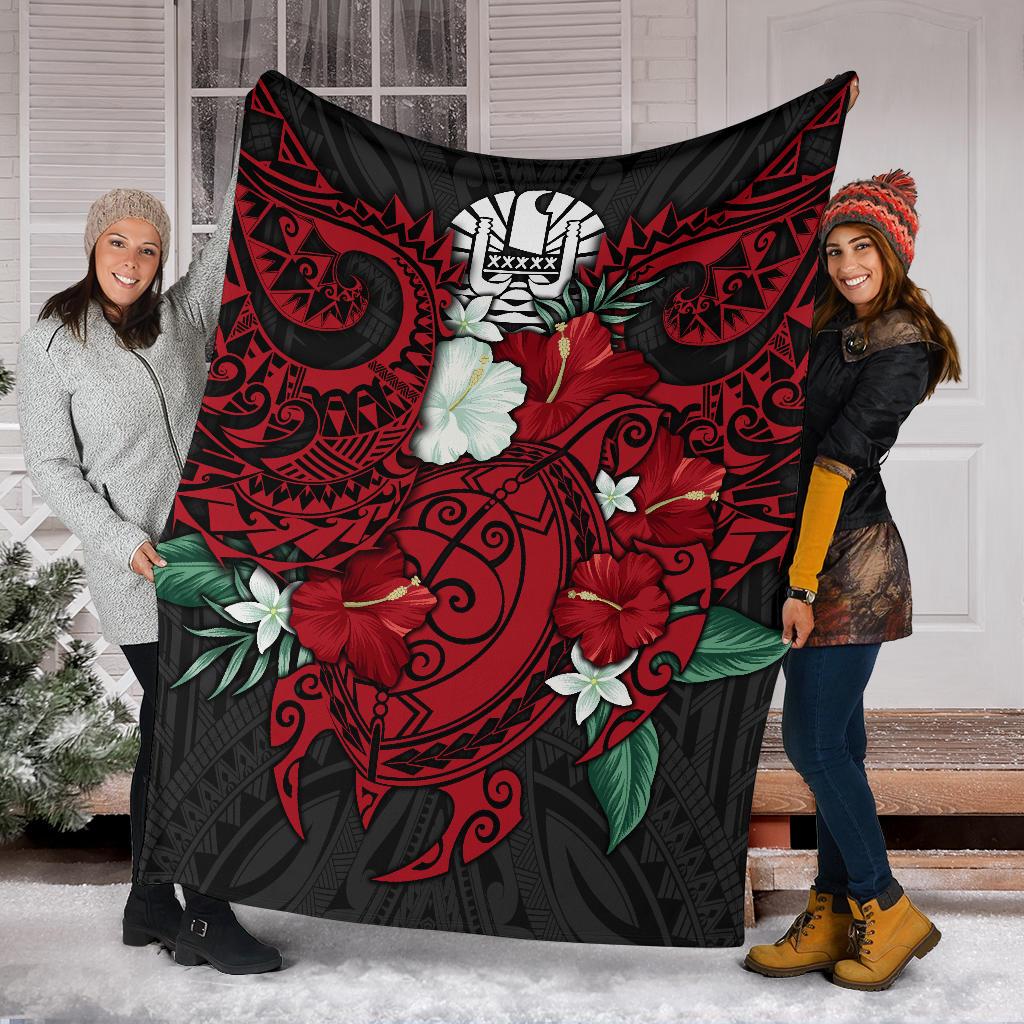 Tahiti Polynesian Premium Blanket - Hibiscus and Sea Turtle (Red) - Polynesian Pride