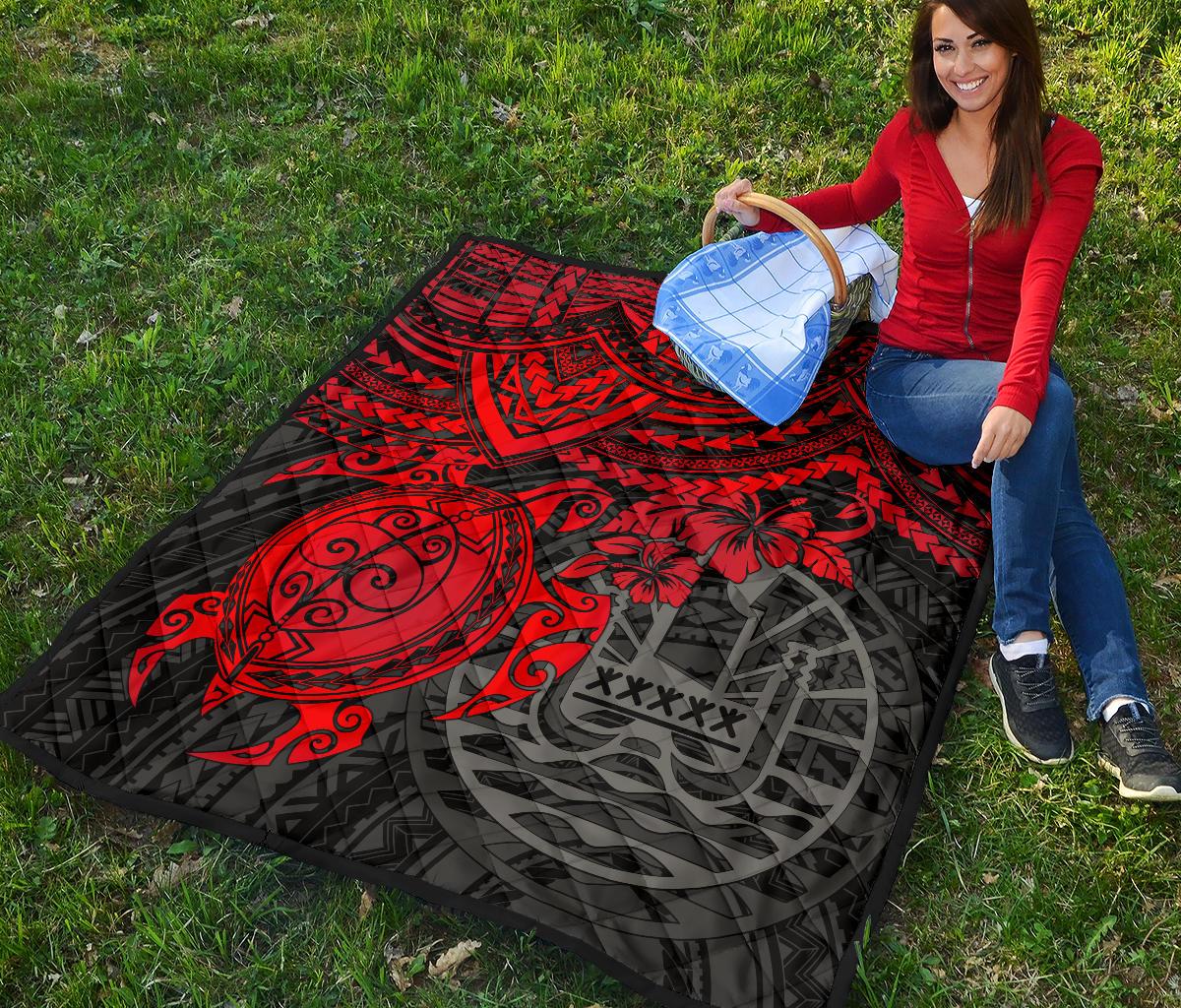 Tahiti Polynesian Premium Quilt - Tahiti Flag & Red Turtle Hibiscus - Polynesian Pride