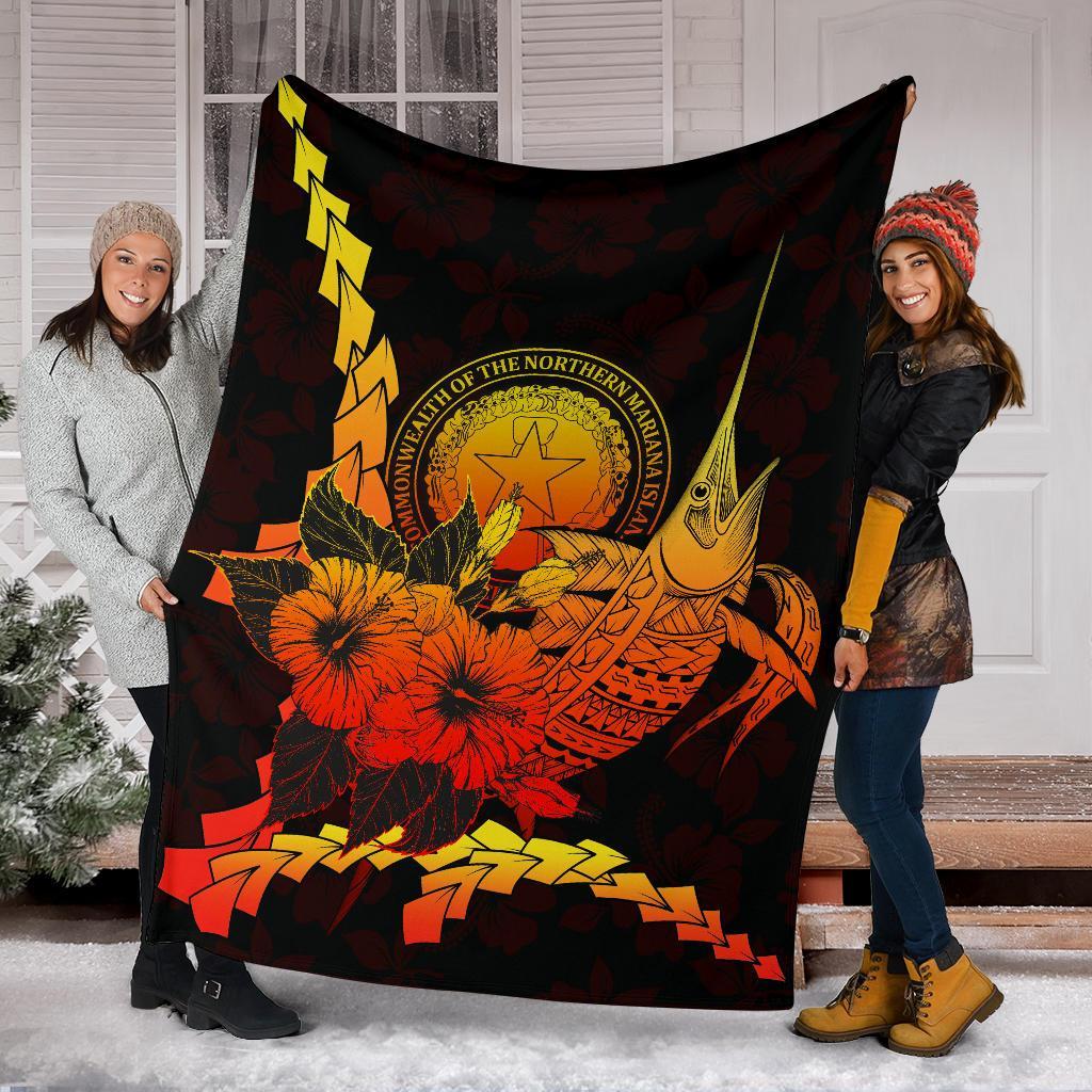 Northern Mariana Islands Polynesian Premium Blanket - Swordfish With Hibiscus - Polynesian Pride