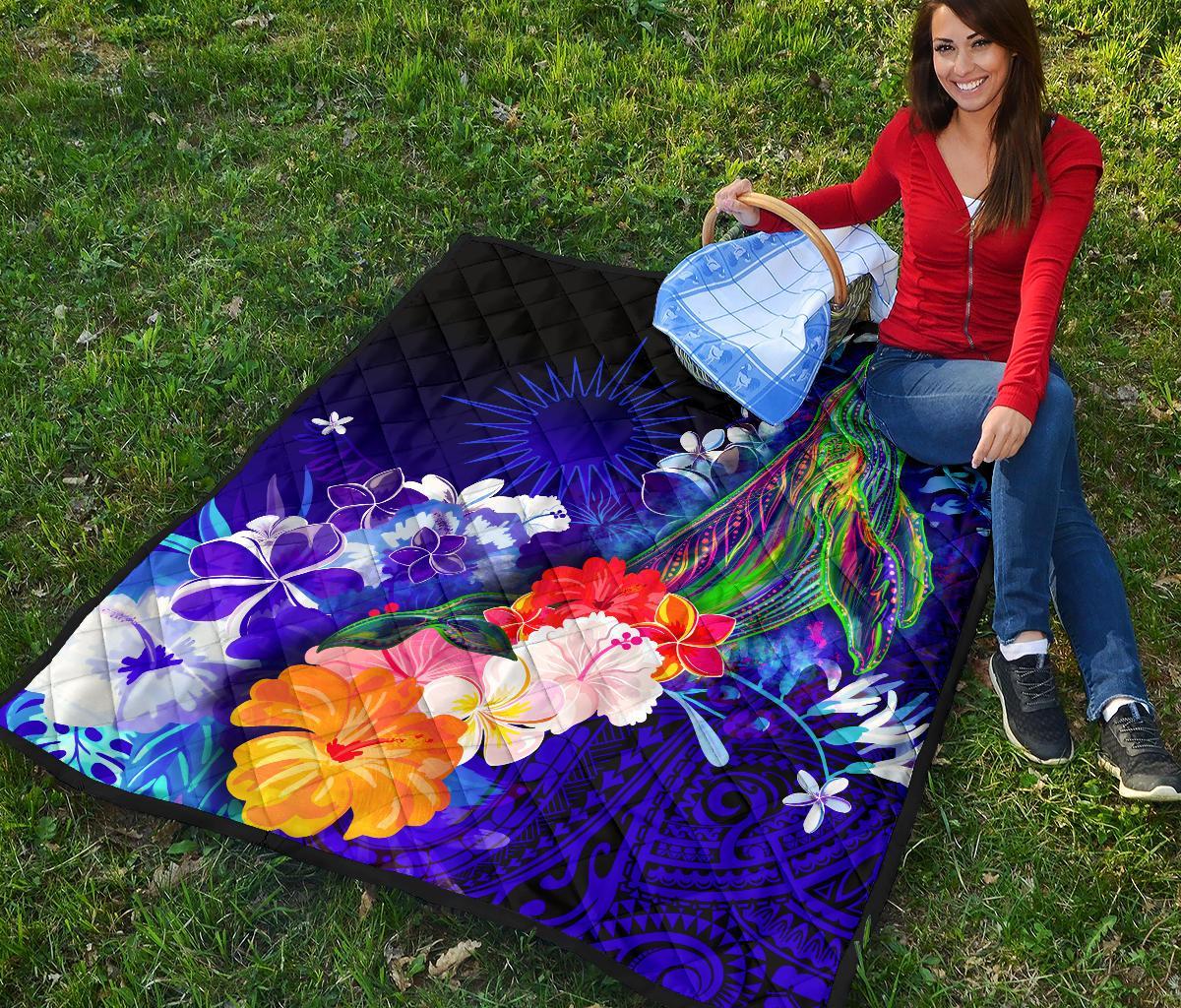 Marshall Islands Premium Quilt - Humpback Whale with Tropical Flowers (Blue) - Polynesian Pride
