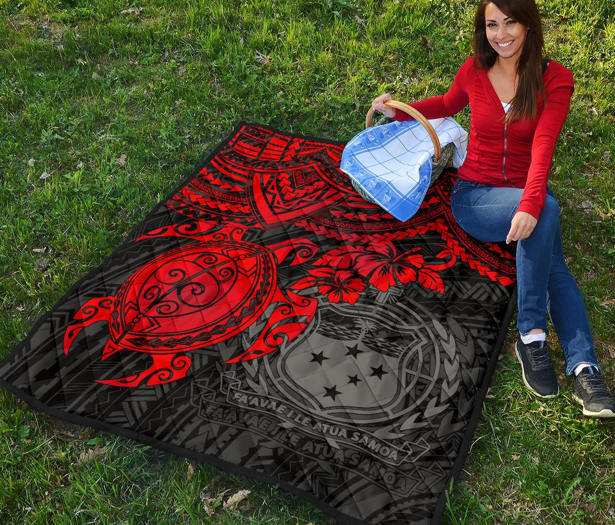 Samoa Polynesian Premium Quilt - Samoa Coat Of Arms & Red Turtle Hibiscus - Polynesian Pride