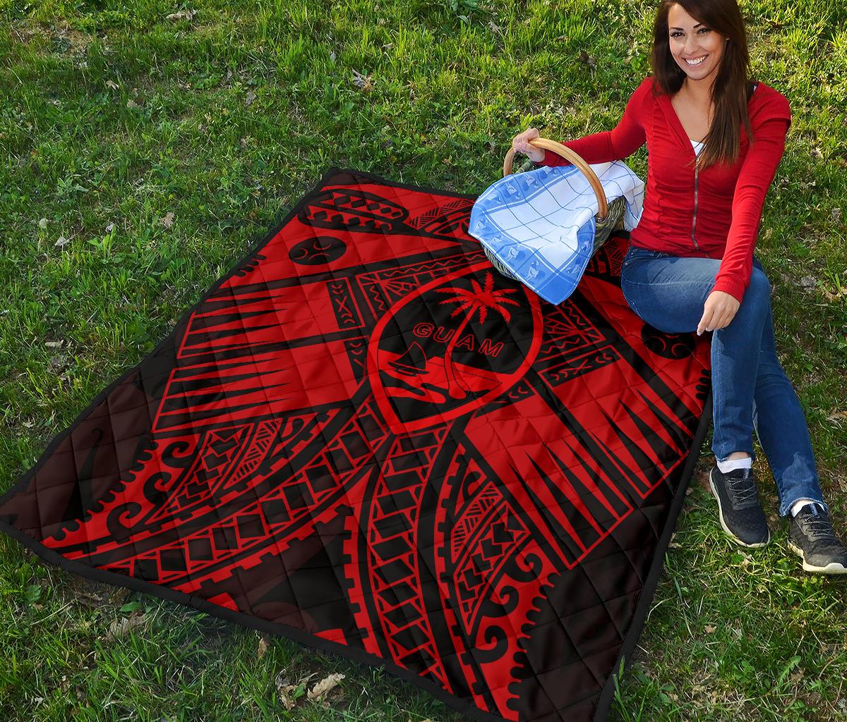 Guam Polynesian Premium Quilt - Guam Red Seal with Polynesian Tattoo - Polynesian Pride