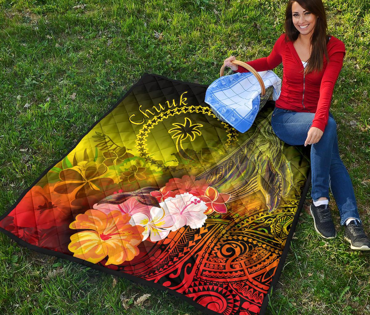 Chuuk Premium Quilt - Humpback Whale with Tropical Flowers (Yellow) - Polynesian Pride