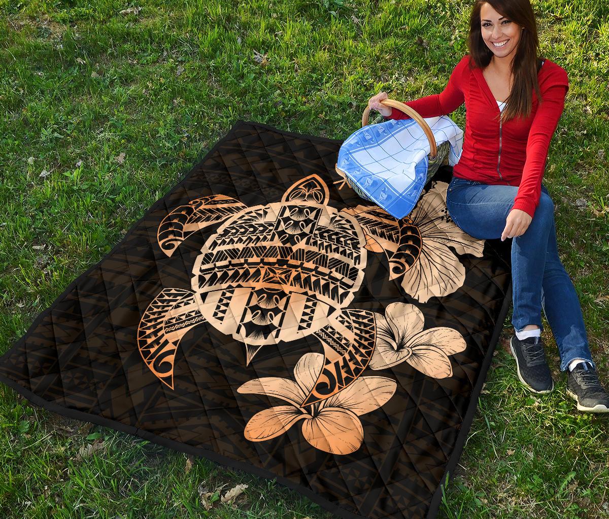 Hawaiian Kanaka Hibiscus Plumeria Mix Polynesian Turtle Premium Quilt Orange AH - Polynesian Pride