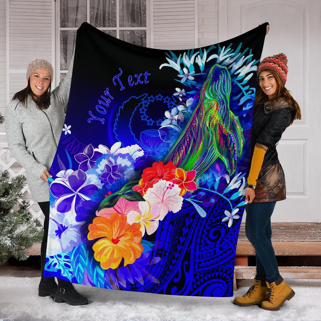 Pohnpei Custom Personalised Premium Blanket - Humpback Whale with Tropical Flowers (Blue) - Polynesian Pride