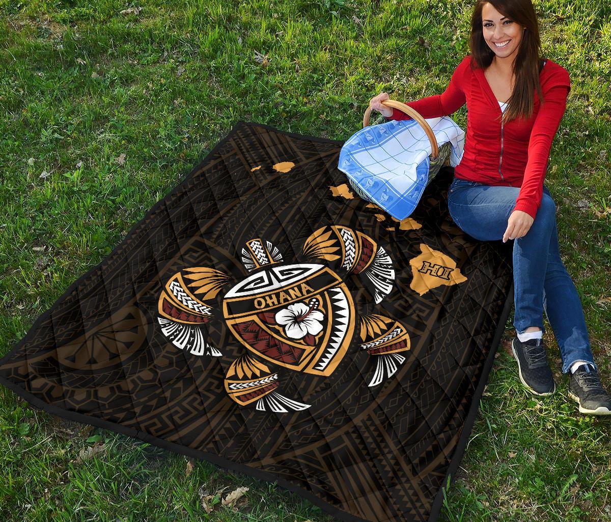 Hawaii Kakau Polynesian Turtle Map Premium Quilt - Polynesian Pride