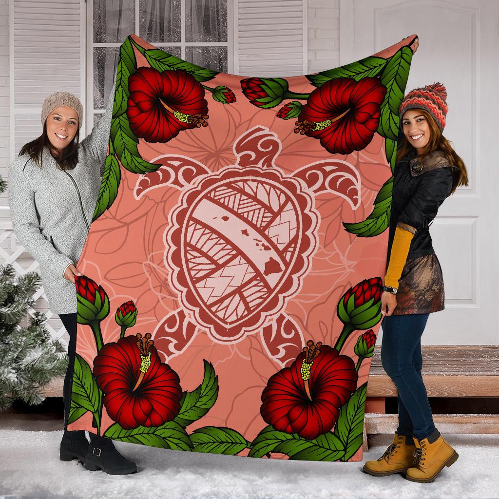 Hawaii Turtle Hibiscus Pink Premium Blanket - Fide Style - Polynesian Pride
