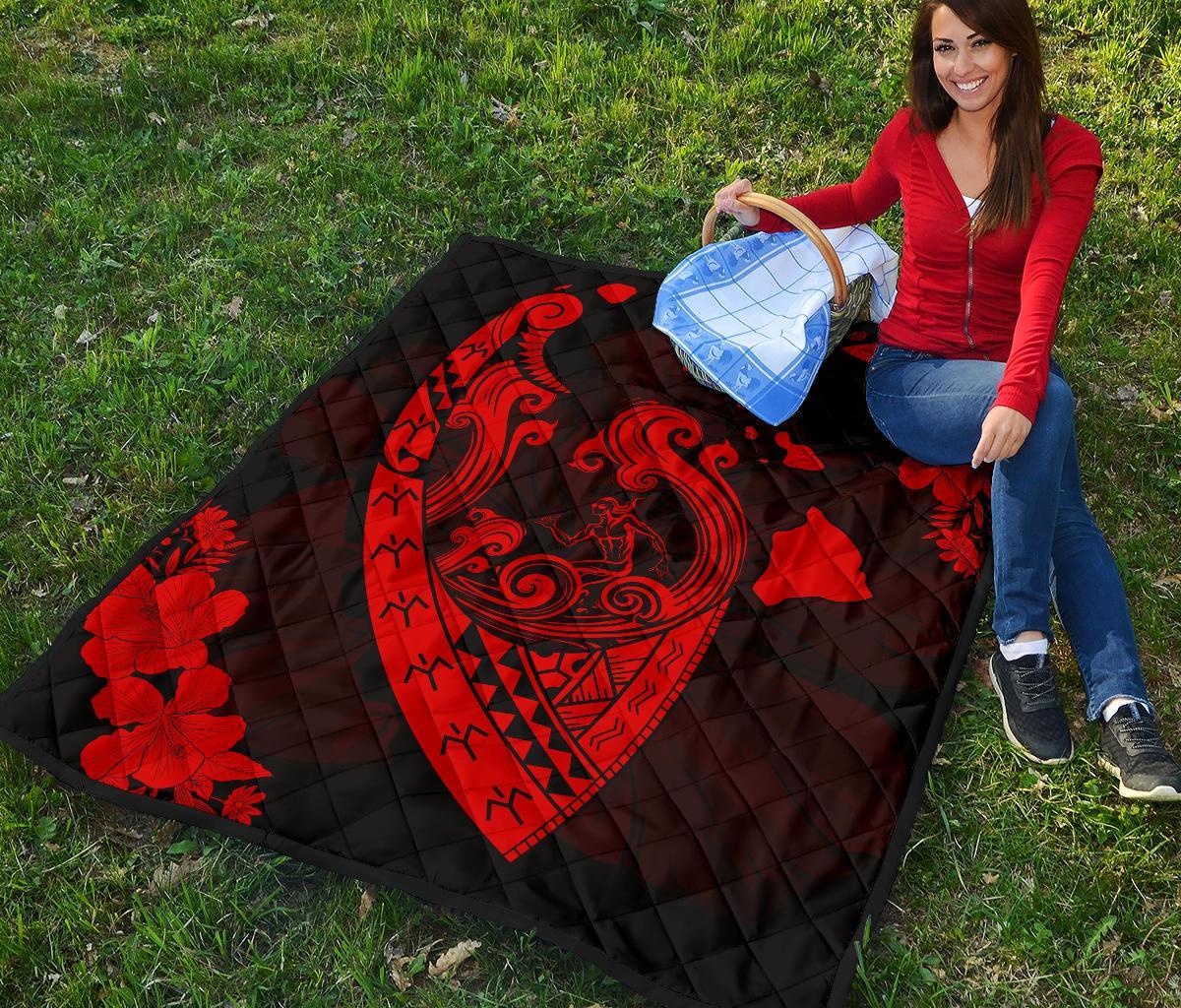 Hawaii Hibiscus Banzai Surfing Premium Quilt Red - Polynesian Pride