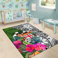 Fiji Area Rug White - Turtle Plumeria Banana Leaf Crest - Polynesian Pride