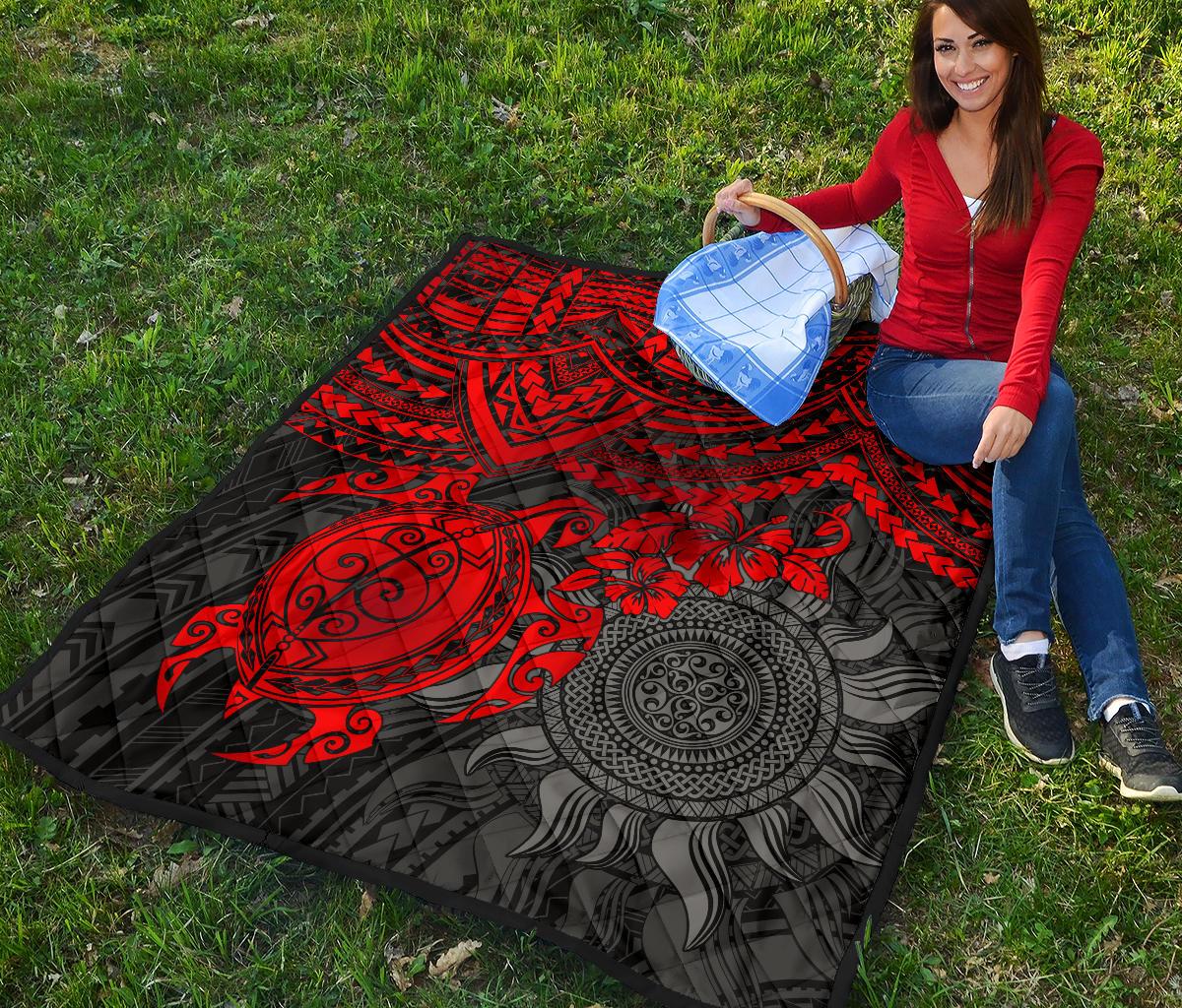 Polynesian Premium Quilt - Polynesian Red Turtle Hibiscus - Polynesian Pride