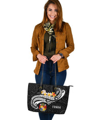 Tonga Leather Tote Bag - Tonga Seal Polynesian Patterns Plumeria (Black) - Polynesian Pride