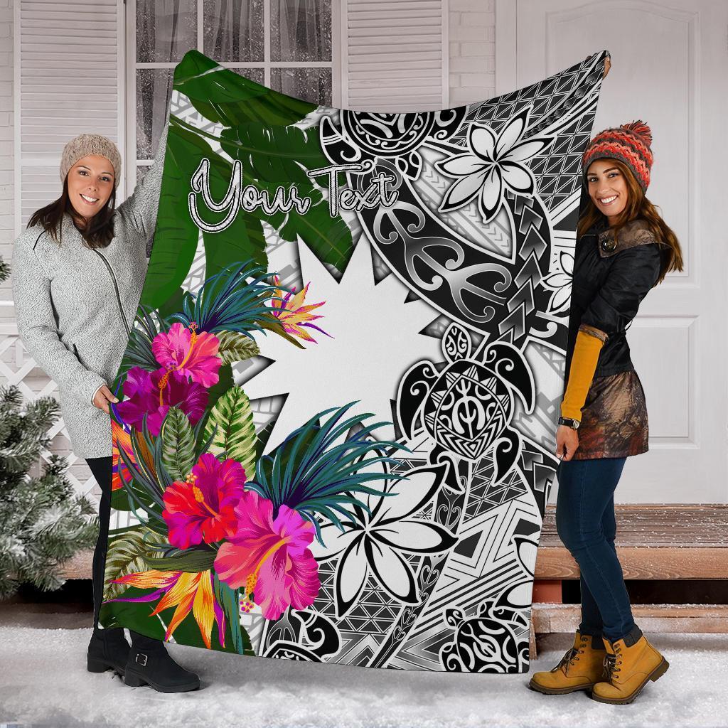 Nauru Custom Personalised Premium Blanket White - Turtle Plumeria Banana Leaf White - Polynesian Pride