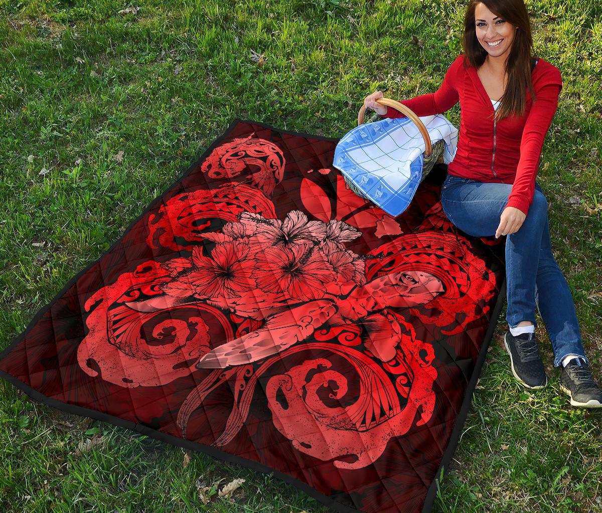 Hawaii Turtle Wave Polynesian Premium Quilt - Hey Style Red - Polynesian Pride
