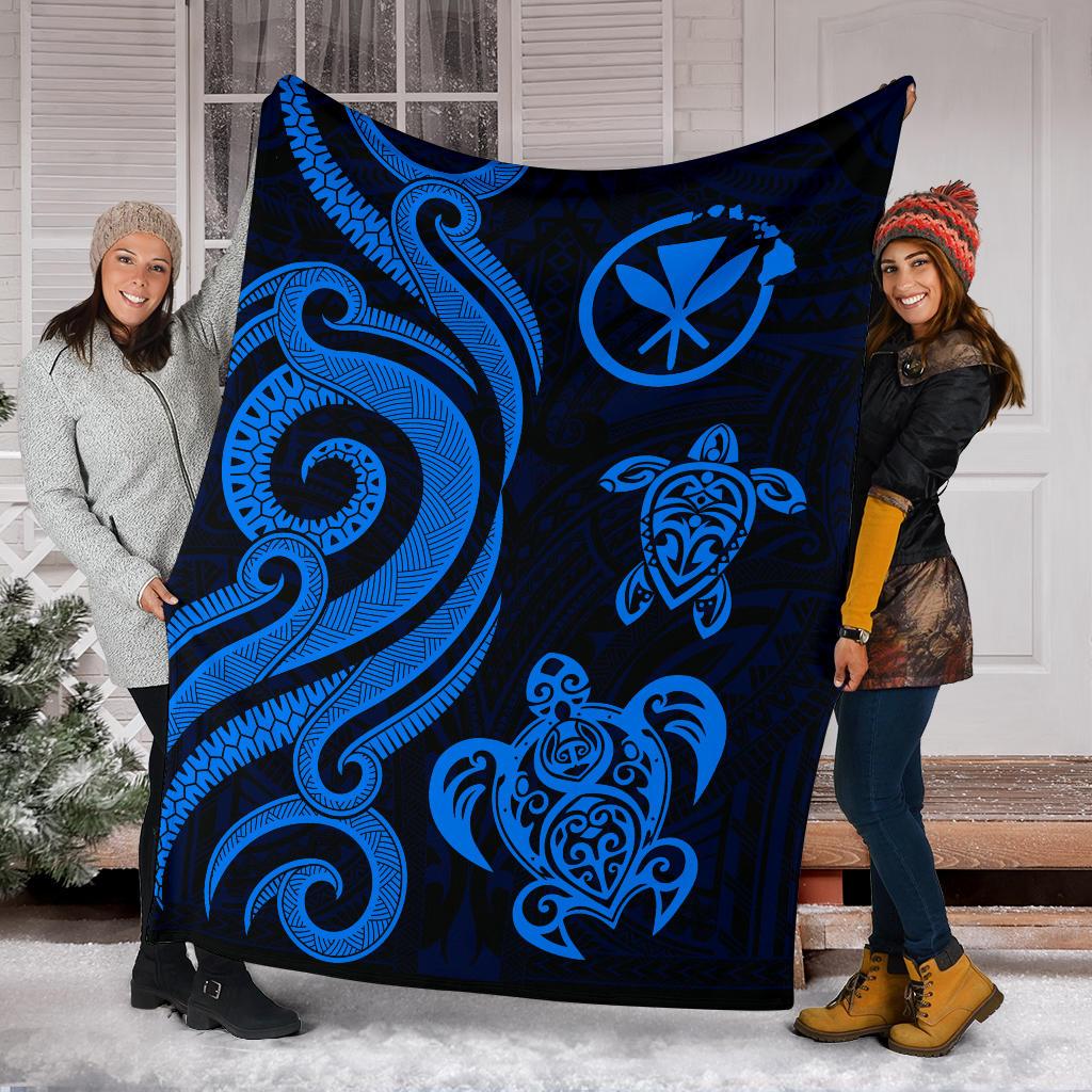 Polynesian Hawaii Premium Blanket - Blue Kanaka Maoli Tentacle Turtle - Polynesian Pride